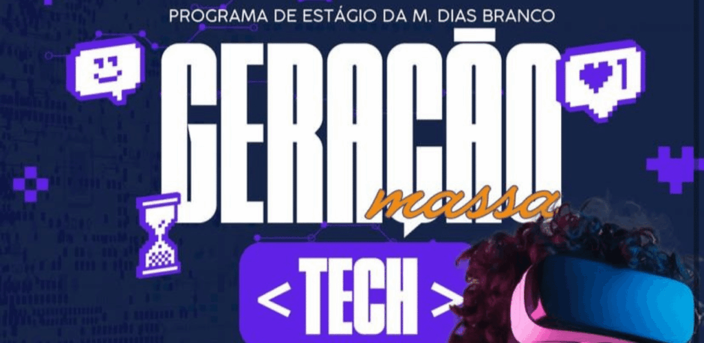 Banner do programa de estágio Geração Massa Tech da M. Dias Branco, com elementos gráficos de tecnologia e realidade virtual