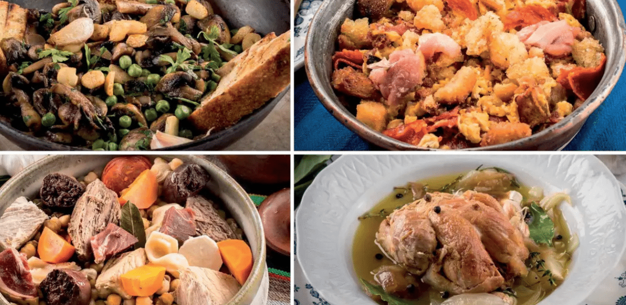 Pratos típicos da gastronomia de Dom Quixote, com carnes, legumes e pães, servidos na região de Castilla-La Mancha.