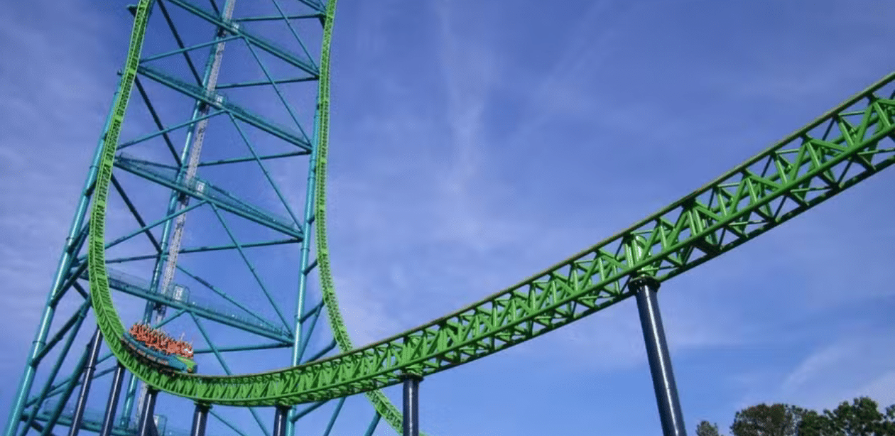 Trilho da montanha-russa mais rápida do mundo com curva íngreme e carrinho em alta velocidade sob céu azul claro.