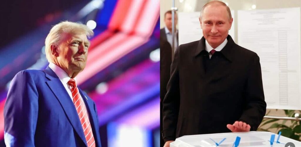 Montagem com duas imagens: à esquerda, um homem de cabelos loiros vestido com terno azul e gravata vermelha está em um evento iluminado por luzes coloridas. À direita, outro homem de terno preto e gravata vermelha sorri enquanto deposita um voto em uma urna transparente, com documentos e pessoas ao fundo.