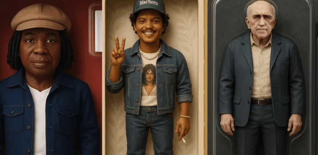 Três figuras no estilo Action Figure, com aparência realista e roupas detalhadas, em embalagens que imitam caixas de brinquedo.