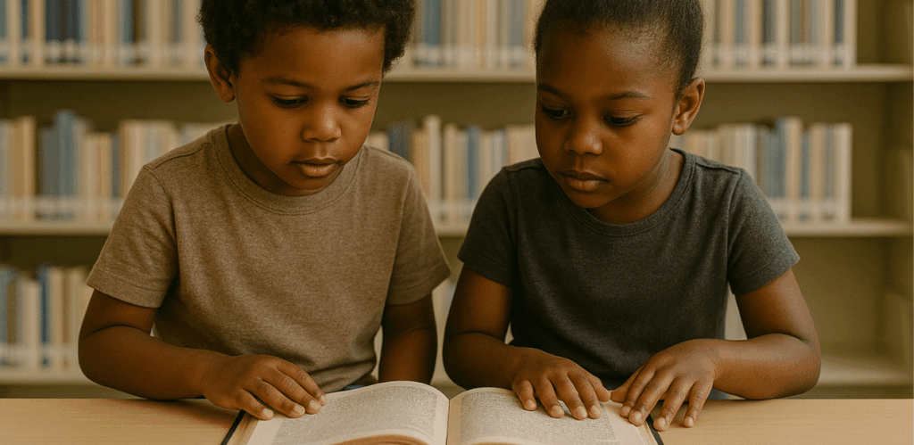 Duas crianças negras lendo juntas um livro em uma biblioteca simples, sentadas lado a lado em uma mesa, concentradas na leitura, com estantes de livros ao fundo.