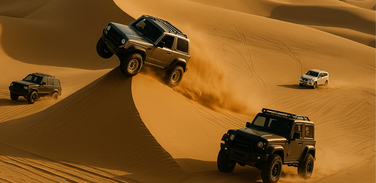 Veículos 4x4 sobem e descem dunas de areia no deserto da Arábia Saudita durante atividades radicais em cenário de aventura ao ar livre