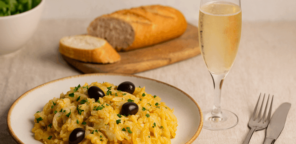 Prato de bacalhau com arroz e azeitonas pretas, servido com taça de espumante e pão rústico ao fundo.