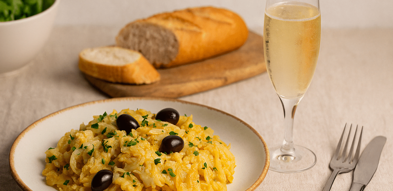 Prato de bacalhau com arroz e azeitonas pretas, servido com taça de espumante e pão rústico ao fundo.