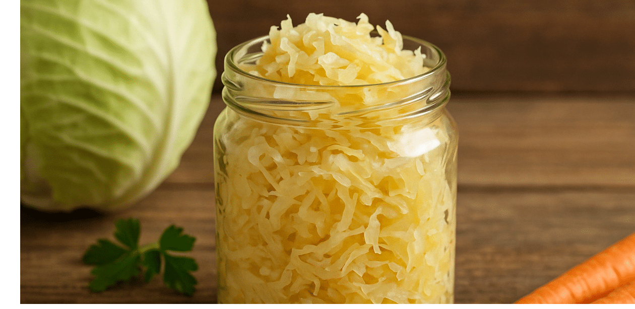 Pote de vidro com chucrute fermentado sobre mesa de madeira, ao lado de repolho, cenoura e folhas verdes