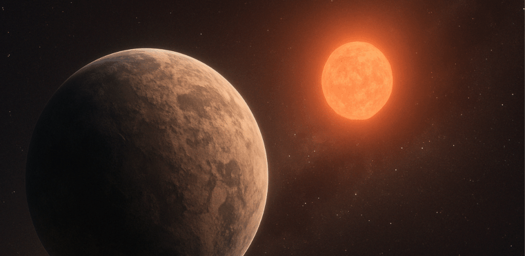 Representação artística de planeta com superfície rochosa orbitando uma estrela vermelha em um sistema fora do Sistema Solar