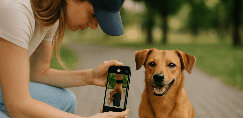Mulher fotografa cachorro com celular de cabeça para baixo, capturando imagem em ângulo baixo para destacar o pet