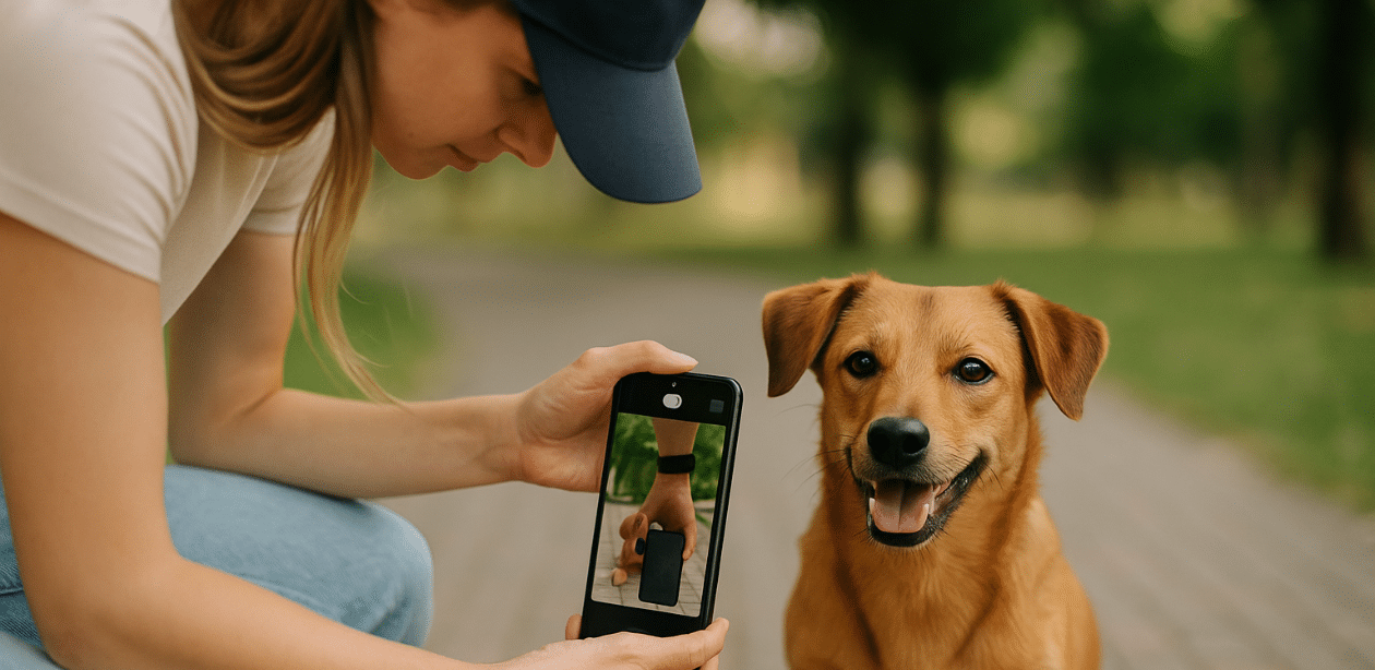 Mulher fotografa cachorro com celular de cabeça para baixo, capturando imagem em ângulo baixo para destacar o pet