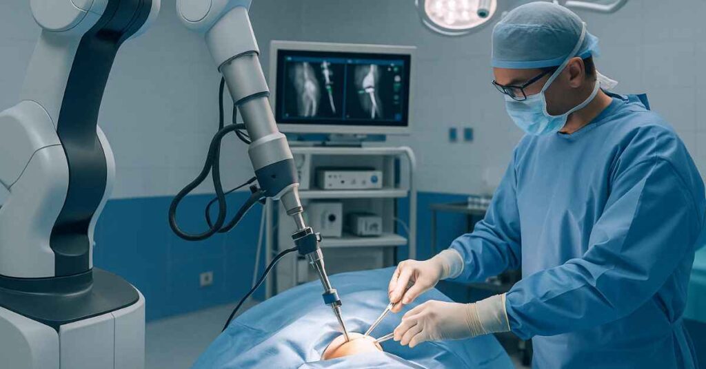 Cirurgião realiza cirurgia robótica com braço automatizado em hospital moderno