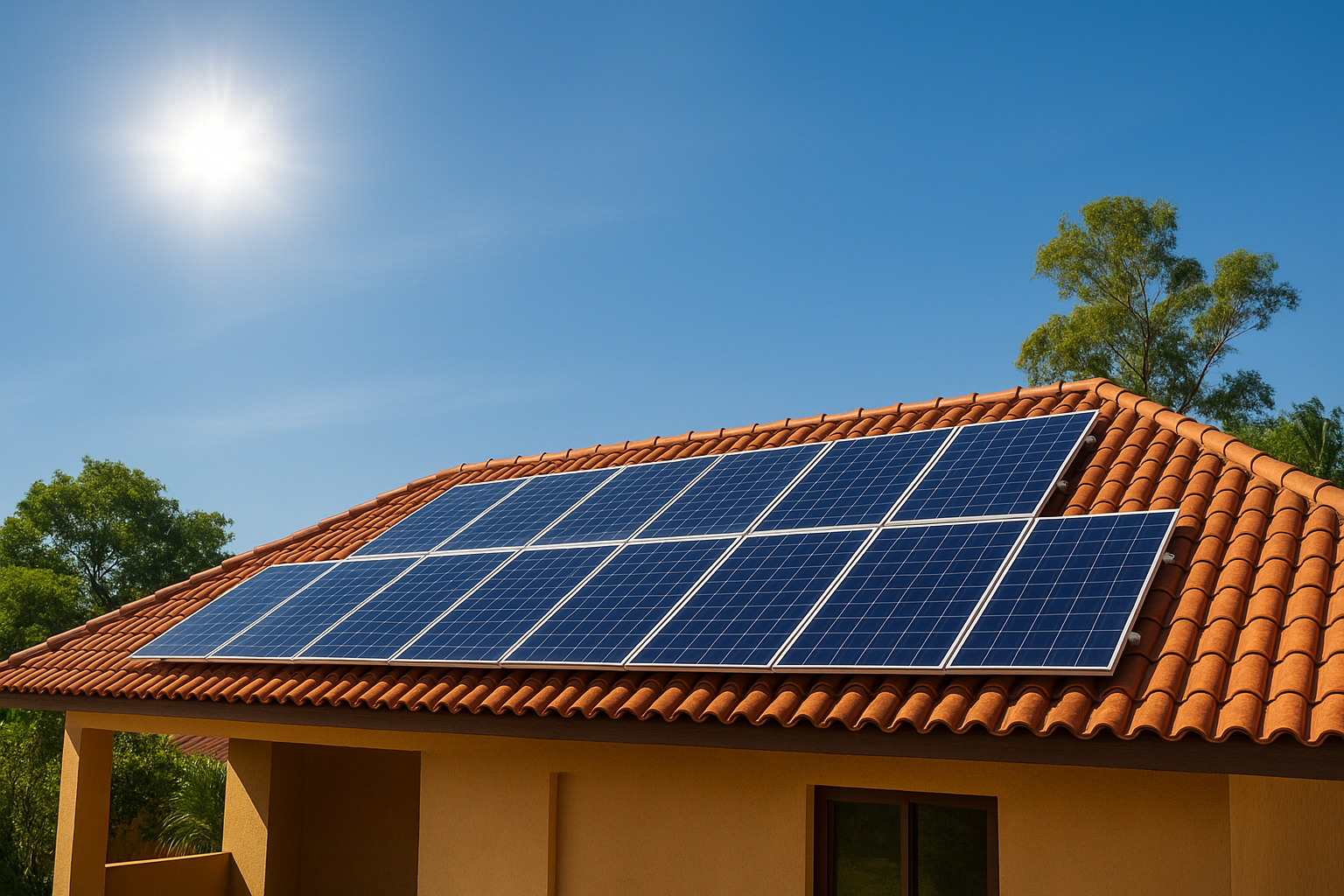 Placas solares instaladas em telhado de casa sob céu azul claro em dia ensolarado