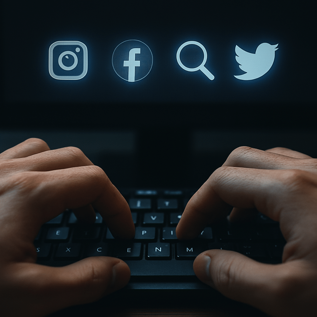 Mãos digitando em teclado com ícones de redes sociais flutuando acima, representando a infiltração policial em redes sociais.