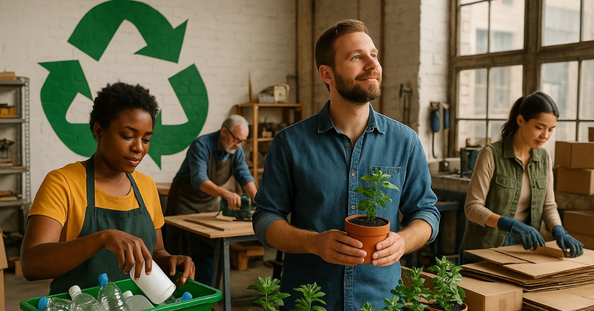Pessoas reaproveitando materiais e reciclando em ambiente comunitário, promovendo a economia circular com foco em sustentabilidade e redução de resíduos