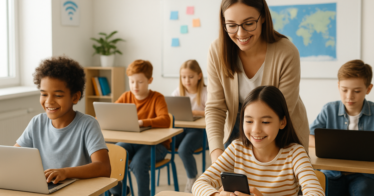 Alunos em sala de aula moderna usam notebooks conectados à internet com professor auxiliando durante atividade escolar