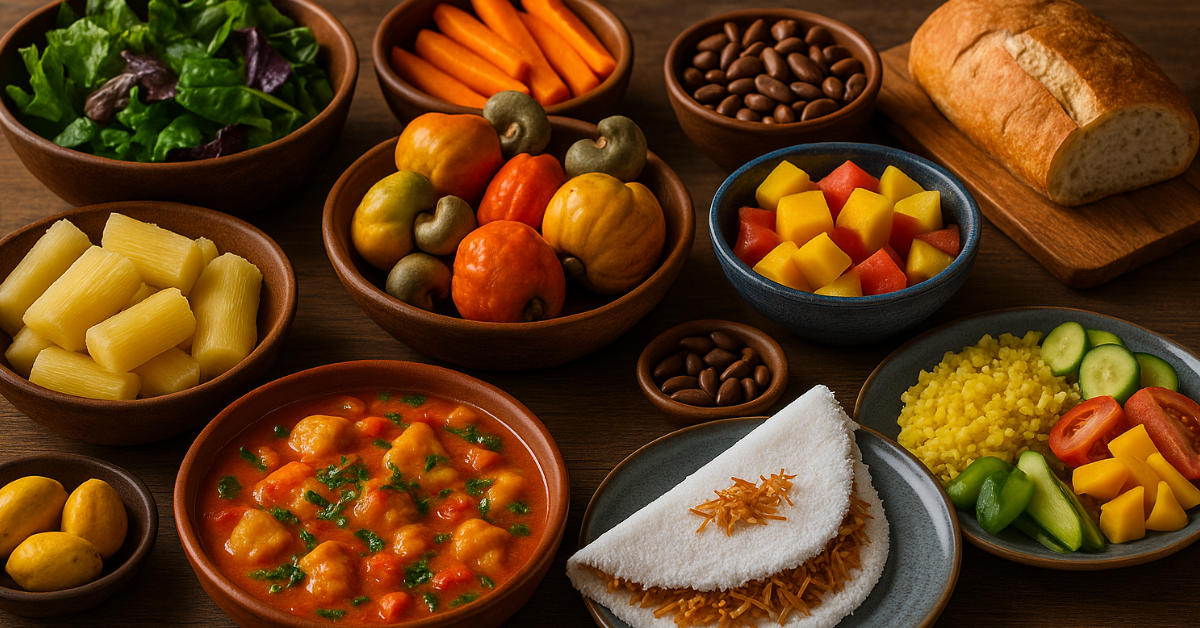 Mesa com comidas tipicamente brasileiras como moqueca, tapioca, mandioca, caju, baru e salada com ingredientes frescos