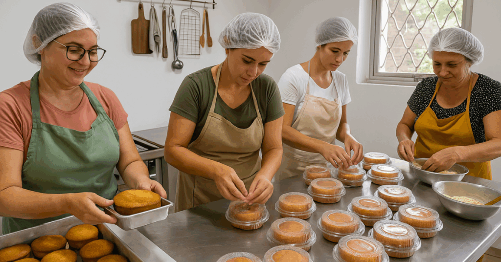 Mulheres organizam bolos embalados em pequena produção caseira, símbolo do empreendedorismo feminino na cozinha
