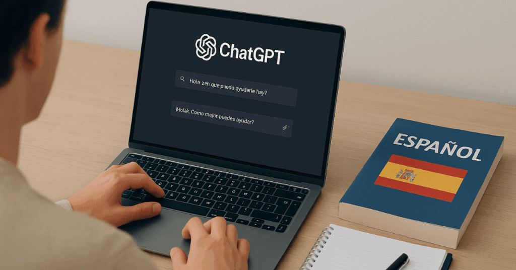 Pessoa usa ChatGPT para aprender espanhol com livro e caderno ao lado