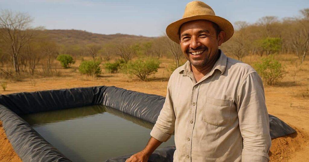 Solução sustentável no semiárido com agricultor ao lado de barragem