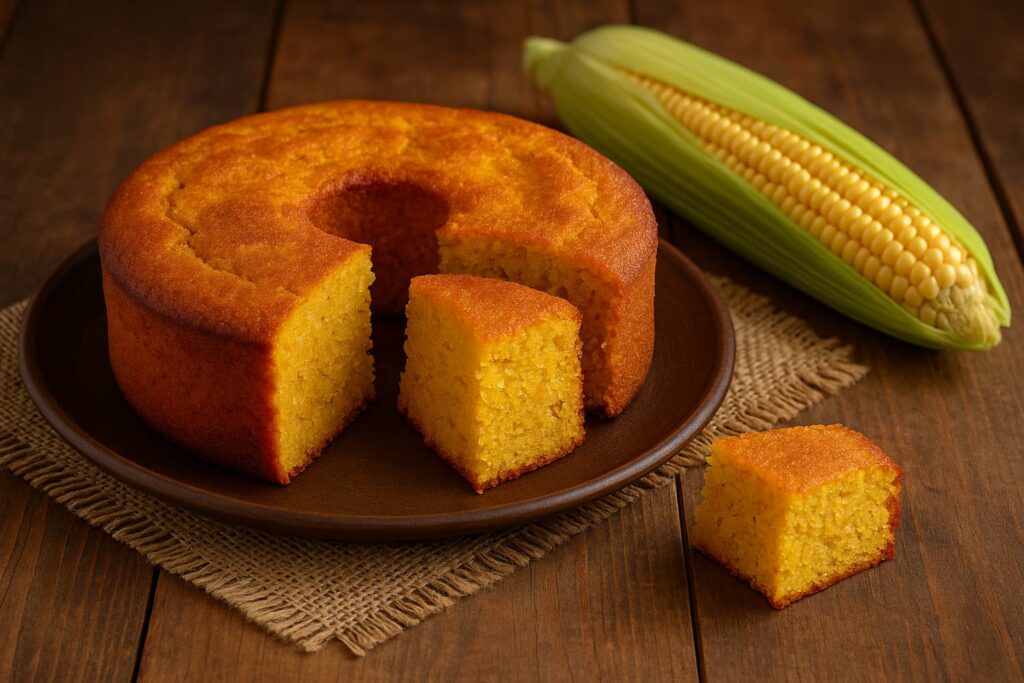 Bolo de milho em prato sobre mesa de madeira com espiga de milho ao lado