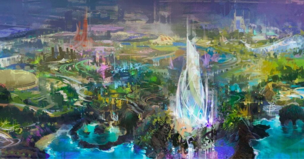 Arte conceitual do futuro parque temático no Oriente Médio da Disney, com cenário colorido e arquitetura futurista