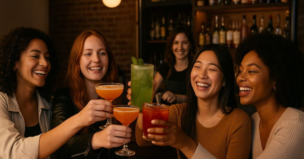 Mulheres brindando em bar liderado por bartender no projeto Donas do Bar