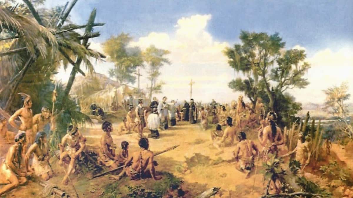 Representação histórica da fundação da escola mais antiga do Brasil dos jesuítas em Salvador no século XVI.