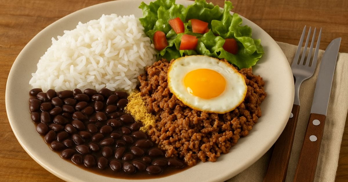 Prato com feijão com arroz, carne moída, ovo, salada e farinha sobre mesa de madeira
