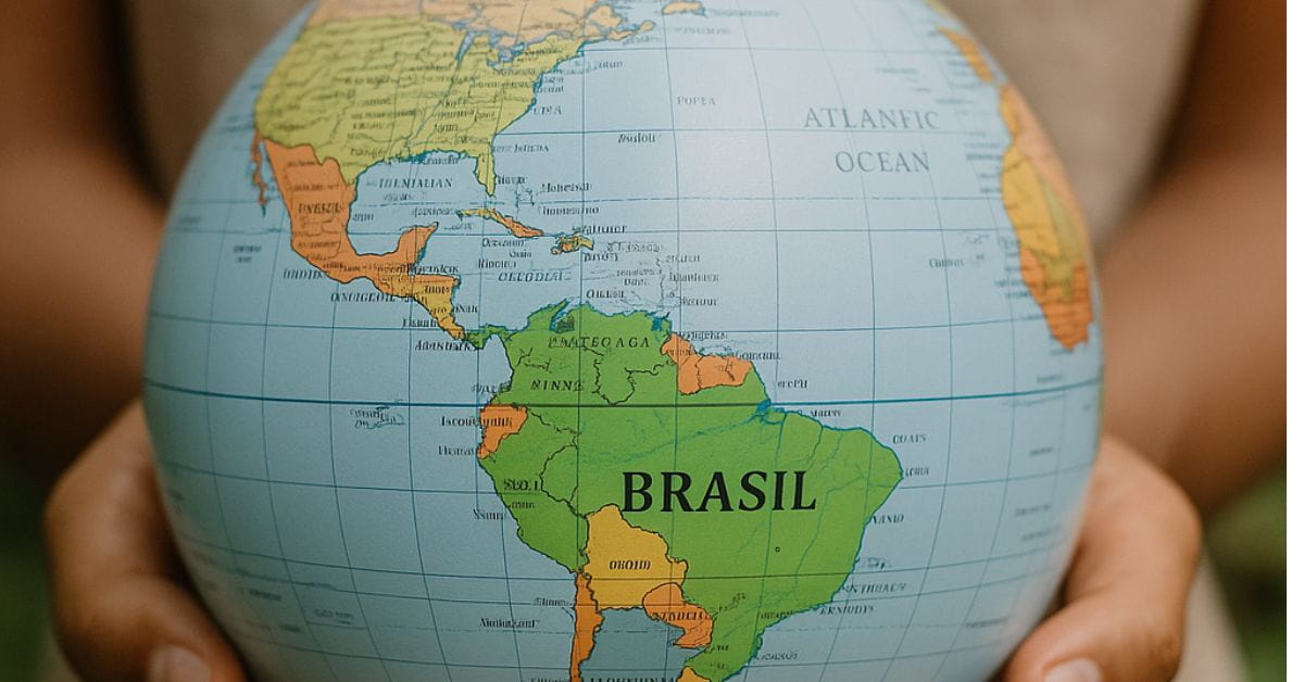 Mãos seguram globo terrestre com destaque no Brasil, simbolizando o desenvolvimento humano no país