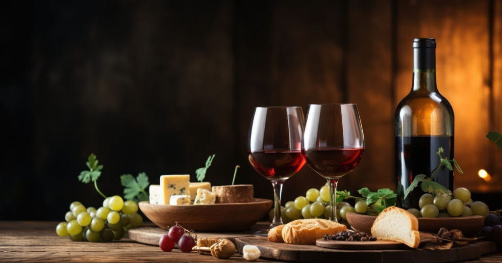 Mesa com vinho tinto, queijos e uvas harmonizados com Malbec e Carménère