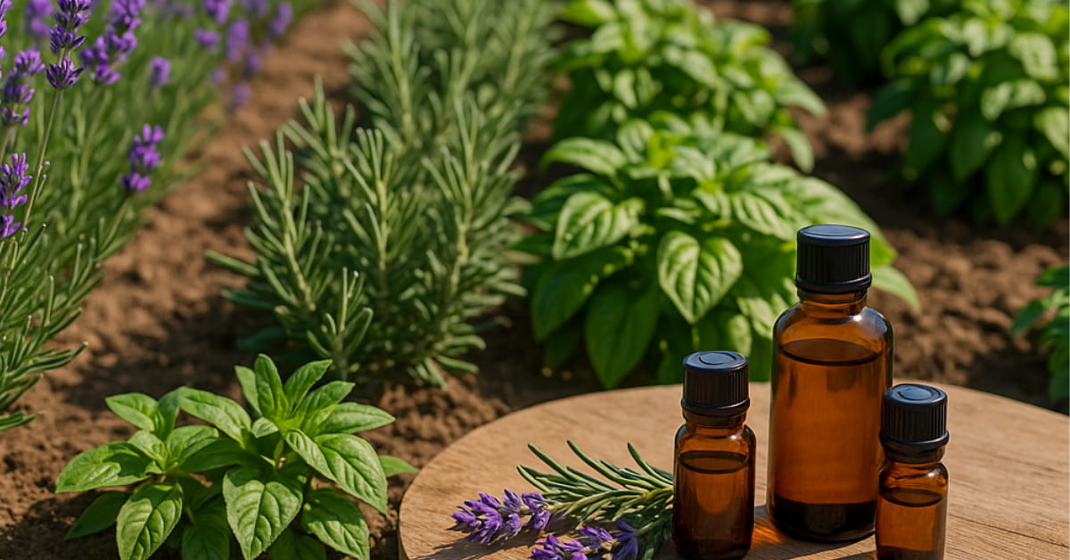 Lavanda, alecrim, manjericão e outras plantas medicinais cultivadas ao ar livre com frascos de óleos essenciais sobre mesa de madeira