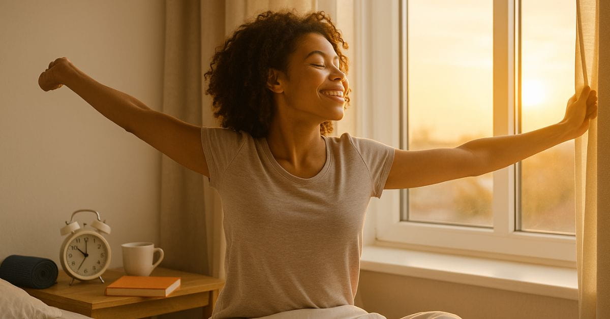 Mulher acordando representando produtividade e acordar cedo
