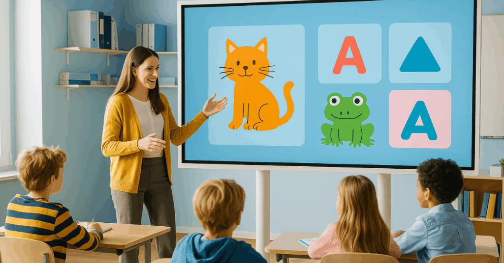 Professora apresenta conteúdo educativo em painel de LED para alunos atentos, destacando o uso da tecnologia audiovisual na educação