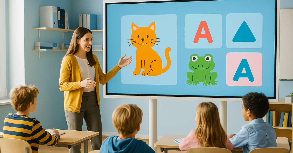 Professora apresenta conteúdo educativo em painel de LED para alunos atentos, destacando o uso da tecnologia audiovisual na educação