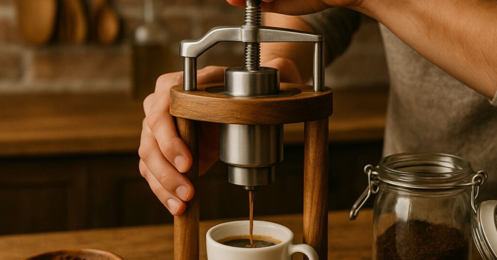 Cafeteira artesanal sendo usada manualmente em cozinha rústica