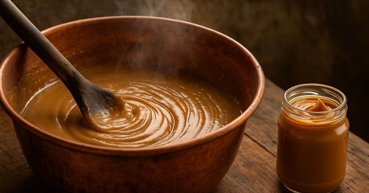 Doce de leite como patrimônio cultural sendo preparado artesanalmente em tacho de cobre, ao lado de pote com o produto final