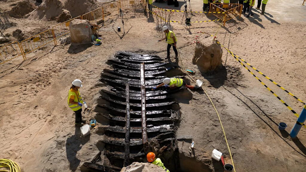 Descoberta arqueológica em Barcelona mostra arqueólogos escavando restos de barco medieval preservado sob a areia