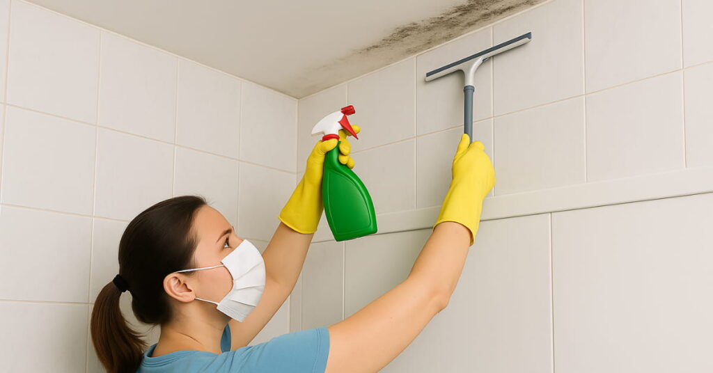 Mulher limpa mofo no teto do banheiro com borrifador e rodo