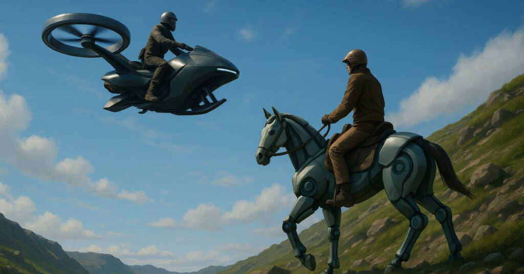 Duas pessoas montadas em cavalo-robô atravessando campo verde, representando inovação em mobilidade pessoal