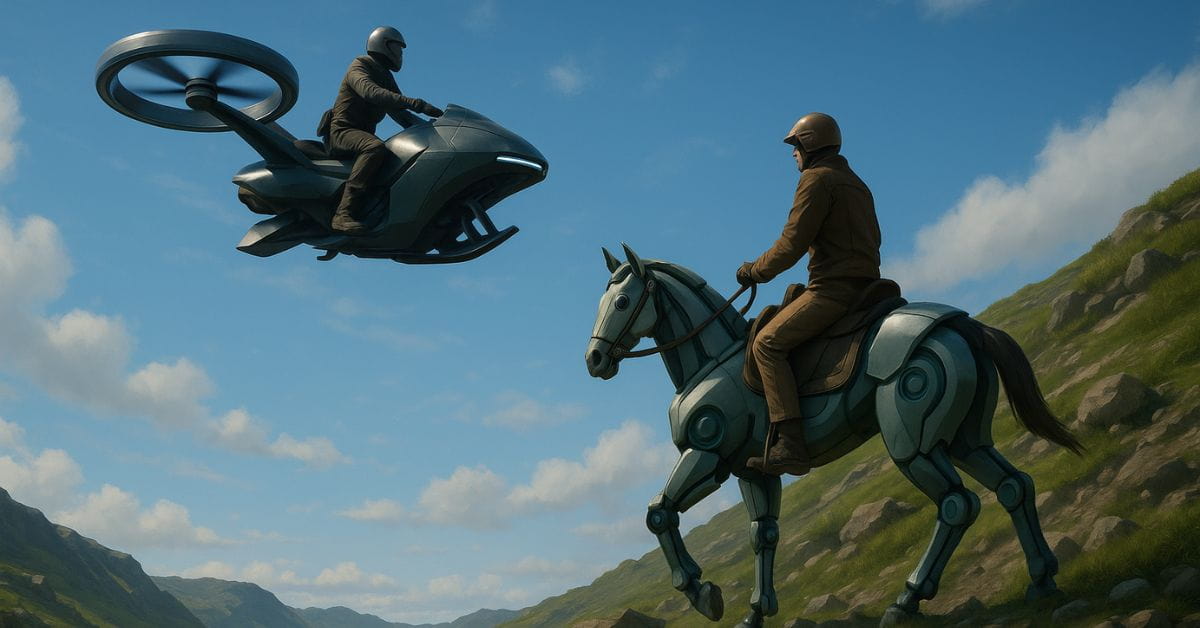 Duas pessoas montadas em cavalo-robô atravessando campo verde, representando inovação em mobilidade pessoal