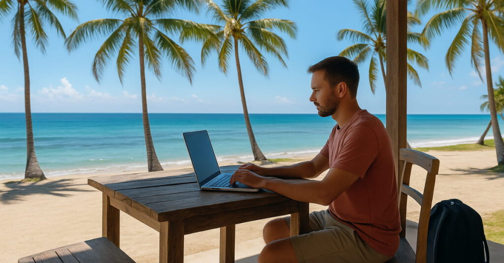 Pessoa usando notebook em casa de frente para o mar, com coqueiros e mesa rústica, representando o estilo de vida dos nômades digitais