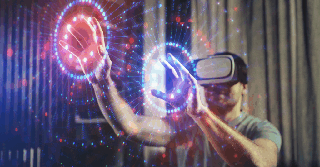 Pessoa com óculos de realidade virtual interagindo com conteúdo digital.