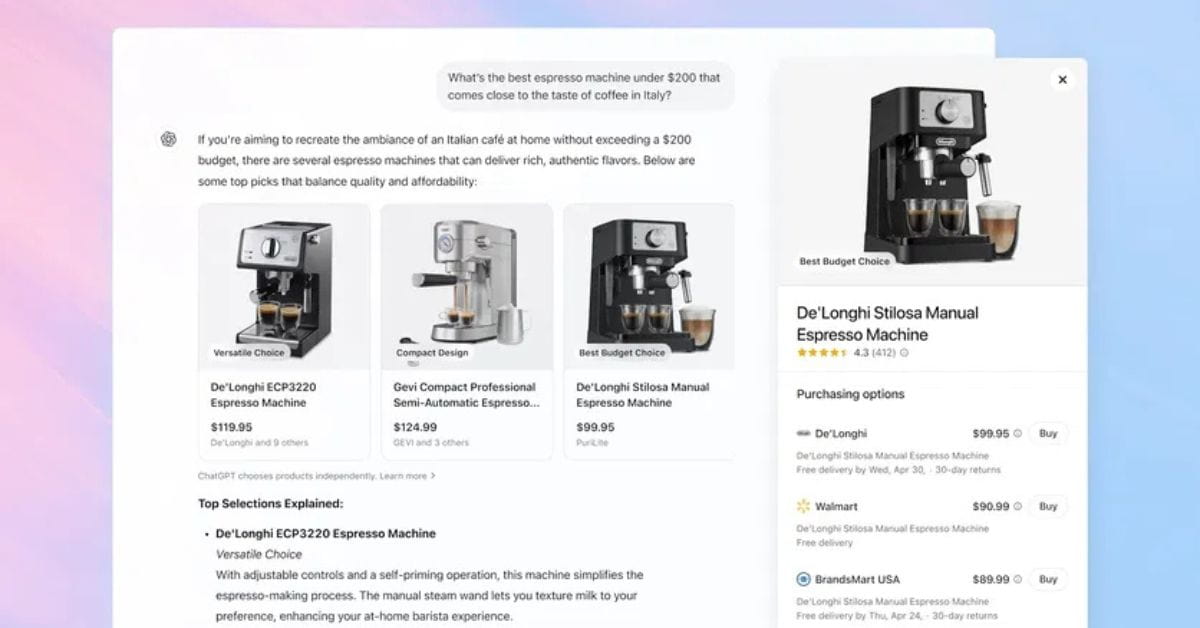 Consultor de compras do ChatGPT com recomendações de produtos em destaque e logo visível na tela