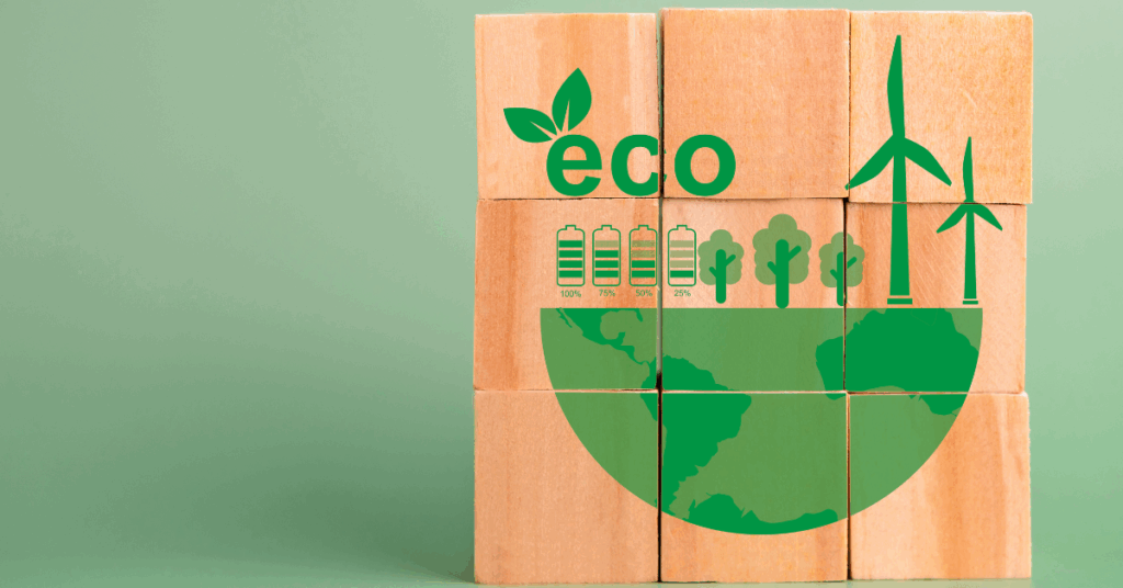 Cubos com a palavra "eco" em destaque, simbolizando sustentabilidade e práticas ecológicas.