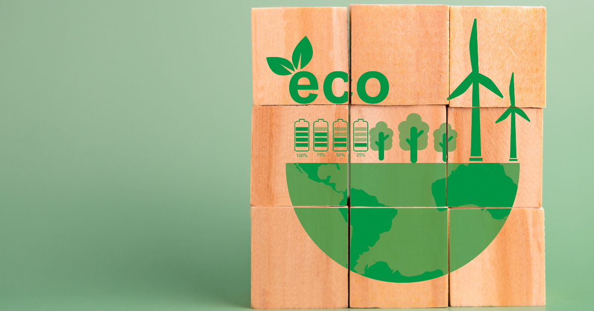 Cubos com a palavra "eco" em destaque, simbolizando sustentabilidade e práticas ecológicas.