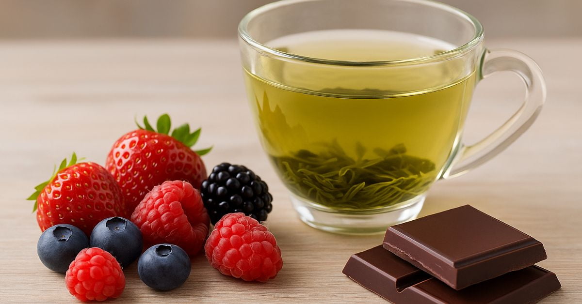 Frutas vermelhas, chá-verde e chocolate amargo juntos sobre uma superfície clara, representando alimentos que ajudam na redução de doenças graves