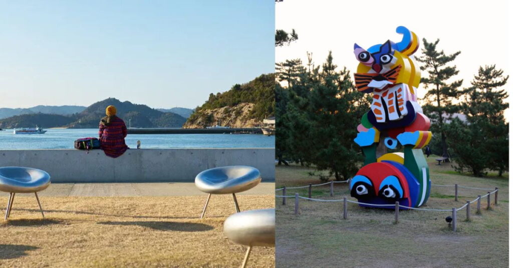 Esculturas ao ar livre e paisagens costeiras refletem a arte em Naoshima e sua integração com a natureza japonesa