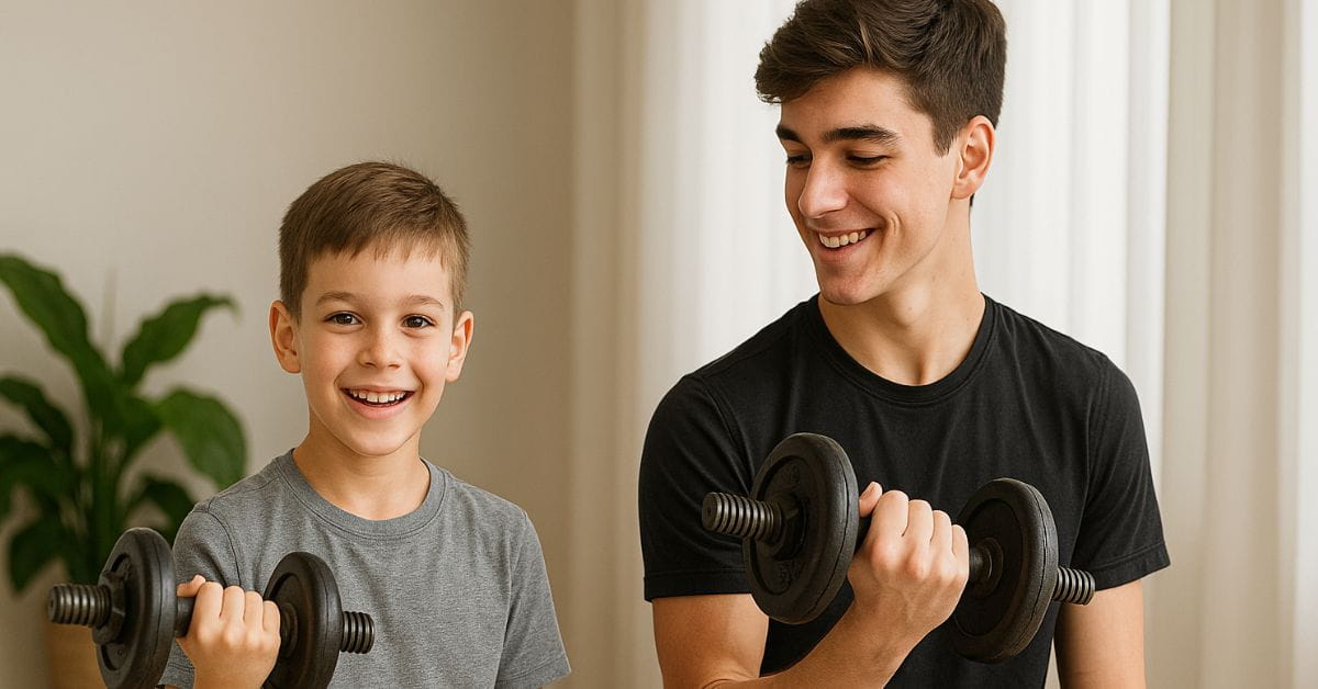 Criança e adolescente praticando exercício físico infantil com pesos