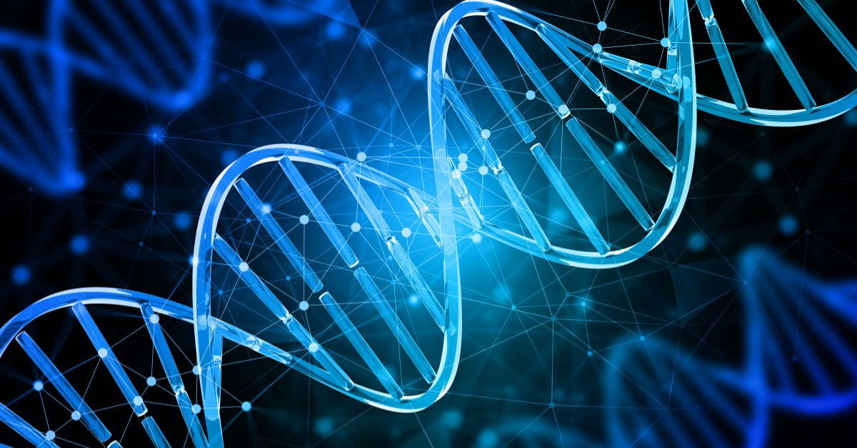Representação do DNA antigo da Colômbia em fundo tecnológico azul
