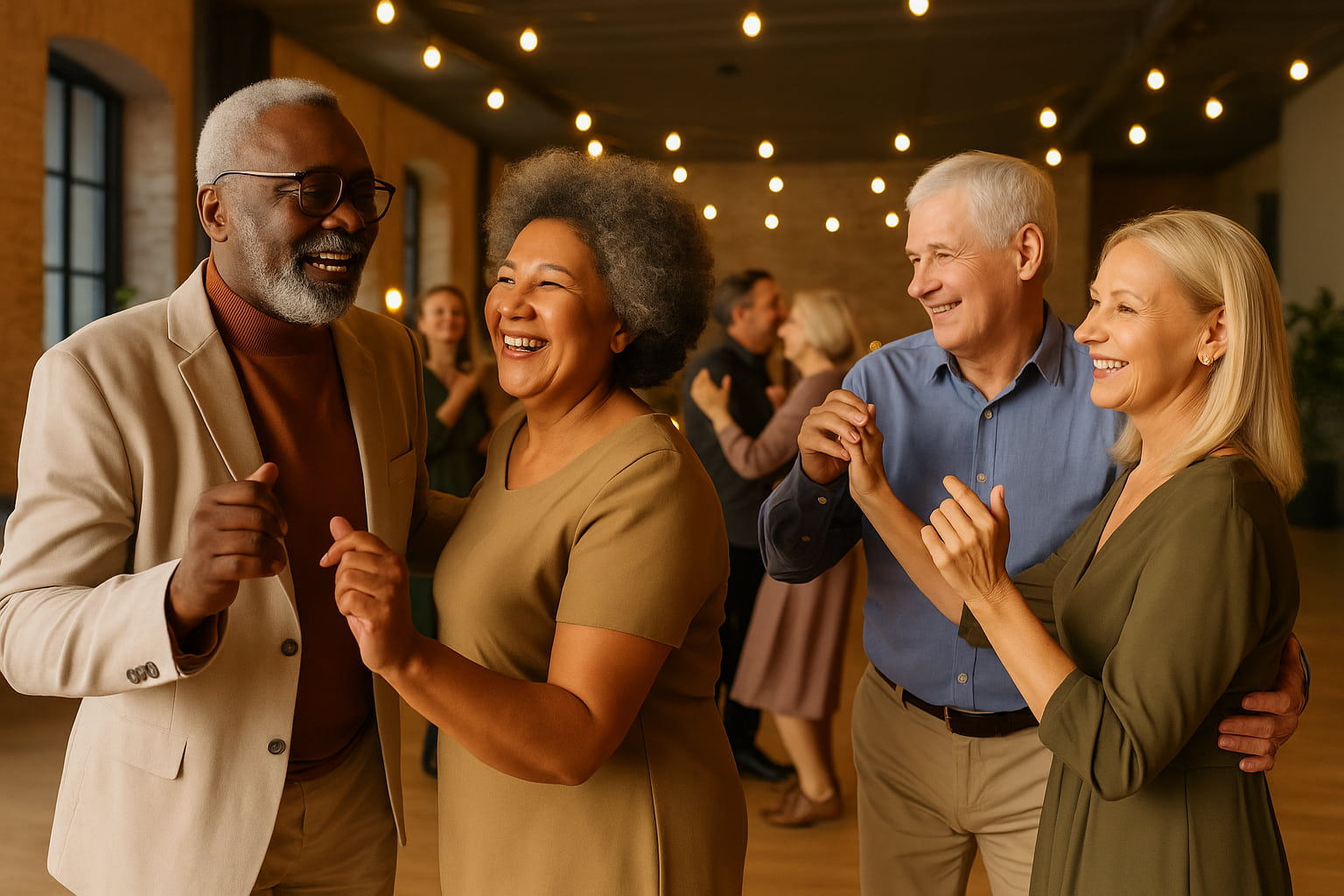 Pessoas com mais de 50 anos dançam sorrindo em festa acolhedora