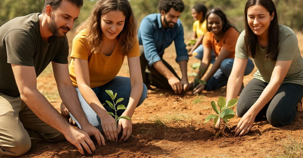 Pessoas diversas plantam mudas em solo aberto durante ação do Funn Festival, representando o plantio coletivo de agrofloresta no Park Way